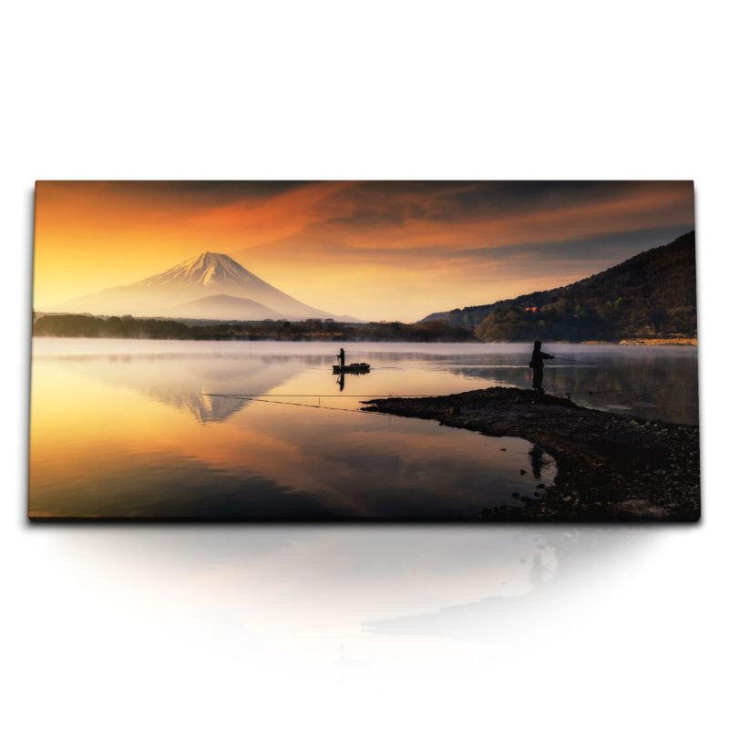 Kunstdruck Bilder 120x60cm Japan Fuji Berg See Fischer Abendrot Sonnenuntergang