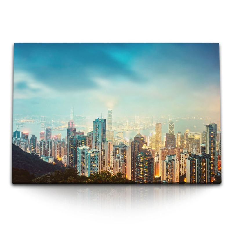 120x80cm Wandbild auf Leinwand Hongkong Skyline Nacht Stadt Hochhäuser Wolkenkratzer