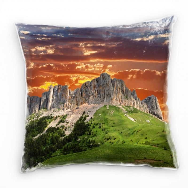 Landschaft, Berge, Sonnenuntergang, grün, orange Deko Kissen 40x40cm für Couch Sofa Lounge Zierkisse