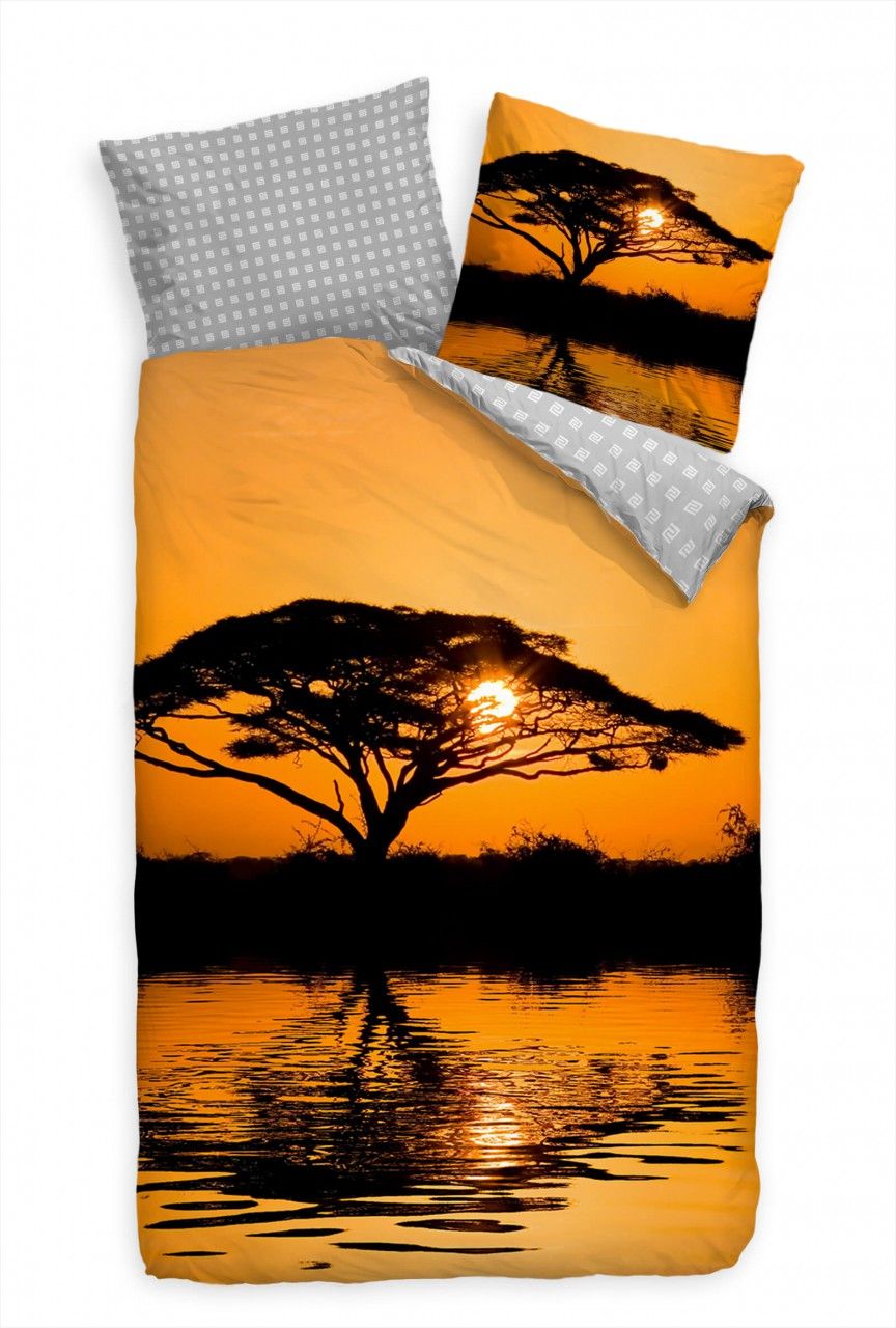 Afrika Sonnenuntergang Baum See Orange Bettwäsche Set 135×200 cm + 80x80cm  Atmungsaktiv