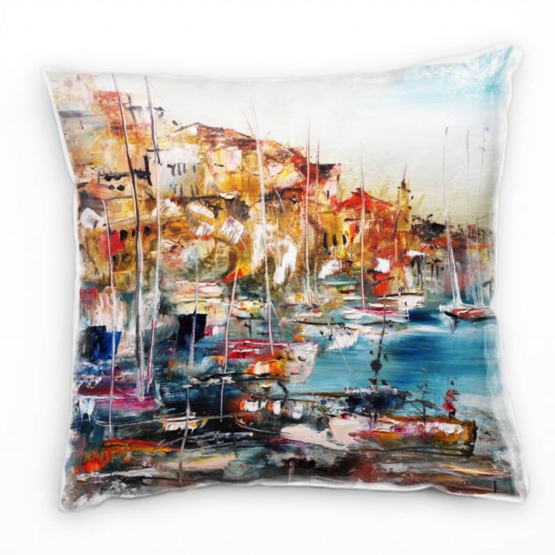 City, Hafen, Boote, gemalt, blau, braun Deko Kissen 40x40cm für Couch Sofa Lounge Zierkissen