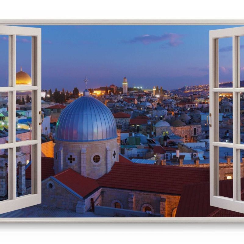 Wandbild 120x80cm Fensterbild Jerusalem bei Nacht Stadtlichter Historisch