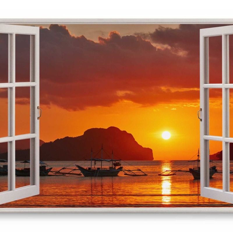 Wandbild 120x80cm Fensterbild Thailand Sonnenuntergang Abendrot Fischerboote Meer