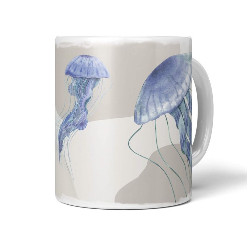 Dekorative Tasse mit schönem Motiv blaue Quallen Wasserfarben Pastellton einzigartiges Design