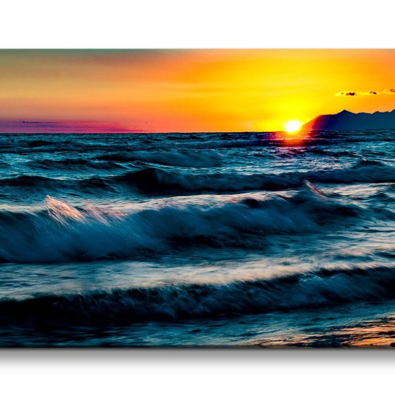 Leinwandbild 120x60cm Meer Wellen Horizont Sonnenuntergang Abendröte