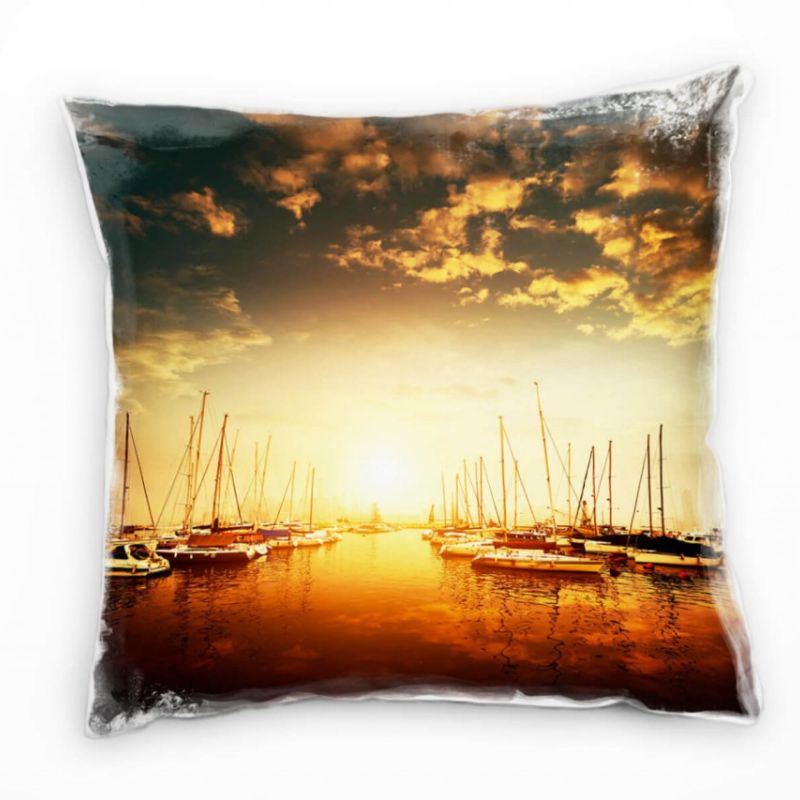 Meer, orange, Segelboote, Hafen, Sonnenuntergang Deko Kissen 40x40cm für Couch Sofa Lounge Zierkisse