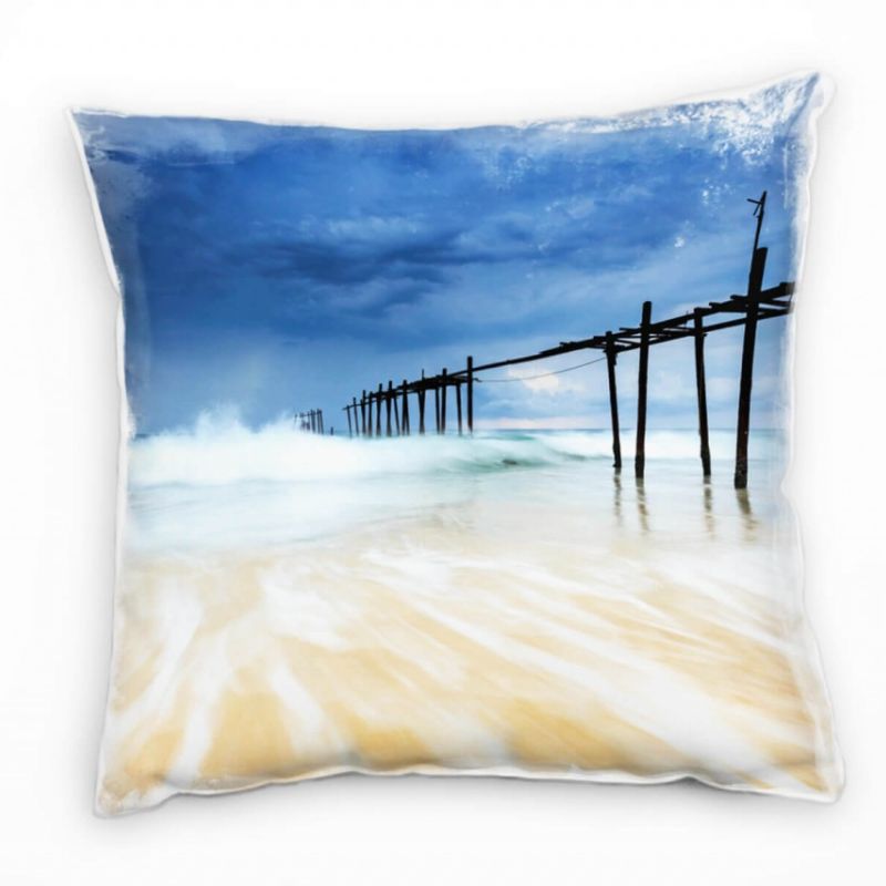 Strand und Meer, Brandung, Sturm, blau, orange Deko Kissen 40x40cm für Couch Sofa Lounge Zierkissen