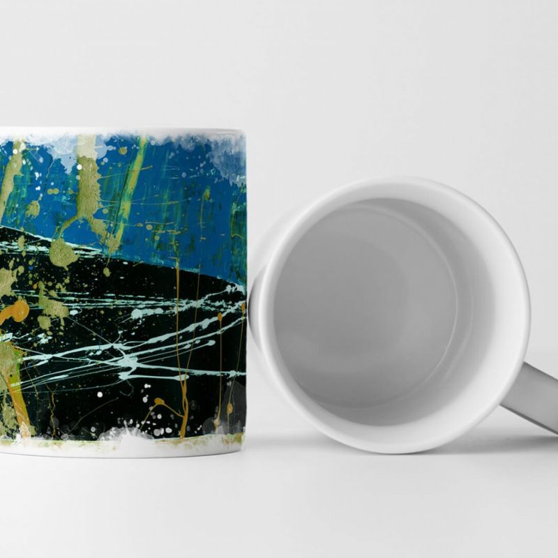 Tasse Geschenk schwarz-mittelblauer Hintergrund, olivgrün, hellblau, orange Farbspritzer