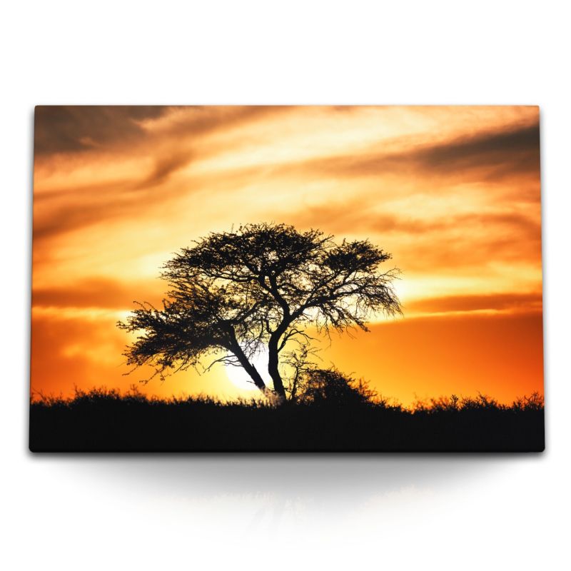 120x80cm Wandbild auf Leinwand Abendrot Abenddämmerung Natur Baum Afrika roter Himmel