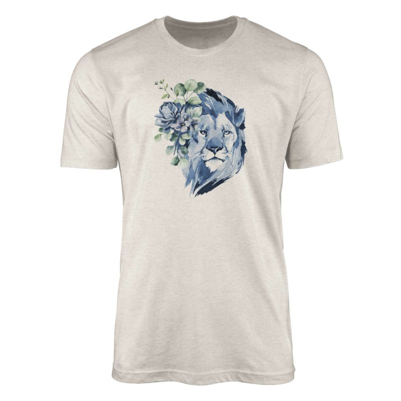 Herren Shirt 100% gekämmte Bio-Baumwolle T-Shirt  Aquarell Löwe Blumen Motiv Nachhaltig Ökomode aus