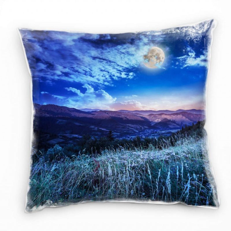 Landschaft, blau, grün, Nacht, Mond, Wiese Deko Kissen 40x40cm für Couch Sofa Lounge Zierkissen