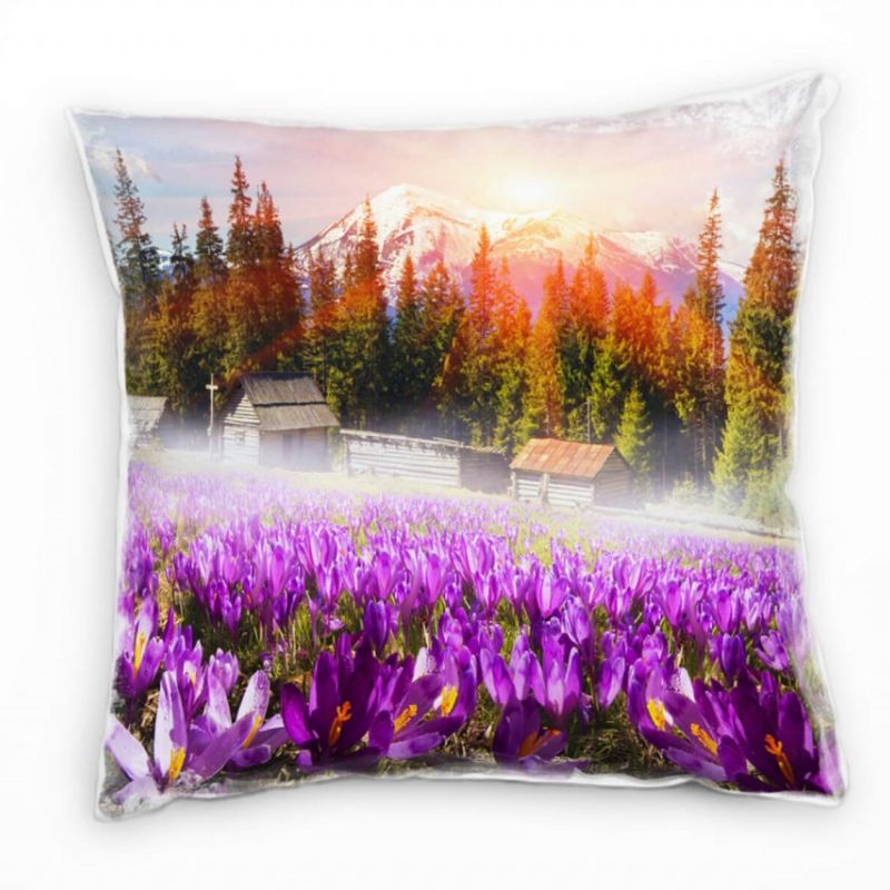 Blumen, Krokusse, Sonnenaufgang, Wald, lila Deko Kissen 40x40cm für Couch Sofa Lounge Zierkissen