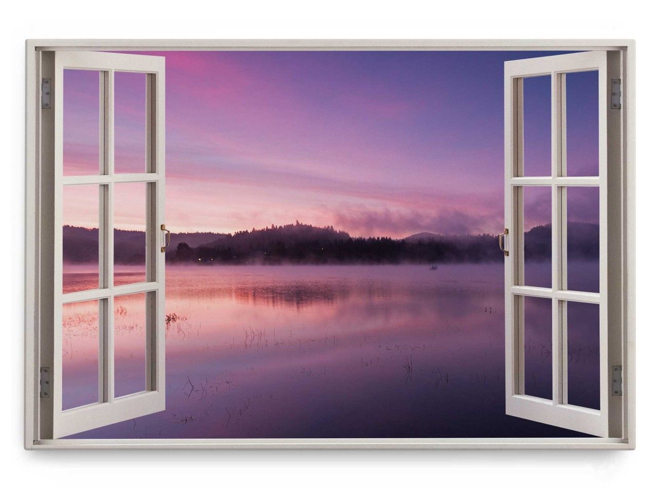 Wandbild 120x80cm Fensterbild Abenddämmerung See Natur Rosa Nebel