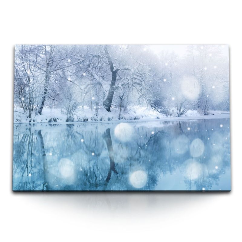 120x80cm Wandbild auf Leinwand Winterlandschaft Fluss Schnee Winter Ufer Blau