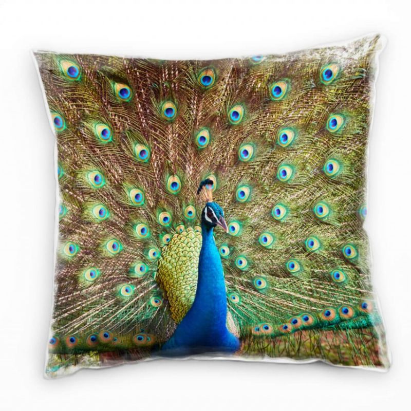 Tiere, Pfau, Federn, braun, blau, grün Deko Kissen 40x40cm für Couch Sofa Lounge Zierkissen