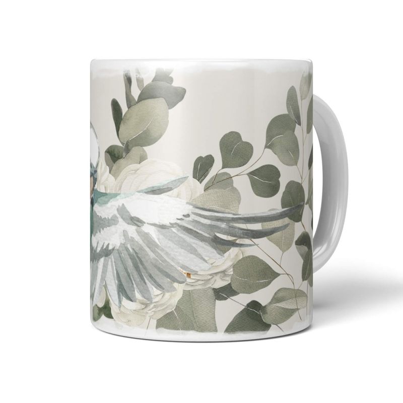 Dekorative Tasse mit schönem Vogel Motiv weißer Wellensittich Eukalyptus Pastelltöne Kunstvoll