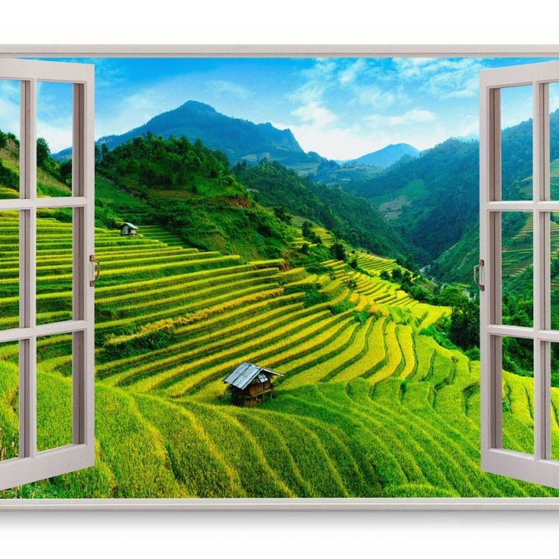 Wandbild 120x80cm Fensterbild Vietnam Berge Grün Reisanbau Natur Landschaft