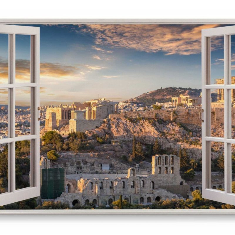 Wandbild 120x80cm Fensterbild Athen Griechenland Akropolis Antike Sonnenuntergang