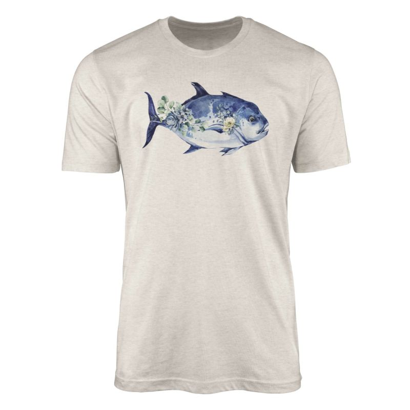 Herren Shirt 100% gekämmte Bio-Baumwolle T-Shirt  Fisch Blumen Wasserfarben Motiv Nachhaltig Ökomode