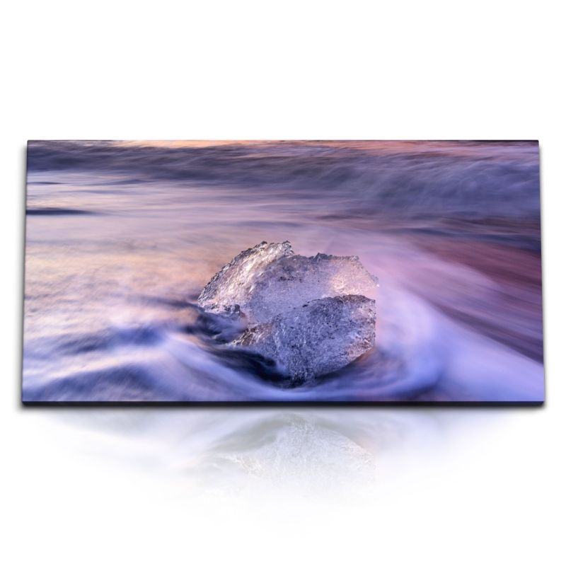 Kunstdruck Bilder 120x60cm Eis am Strand Meer Wellen roter Himmel Abendrot