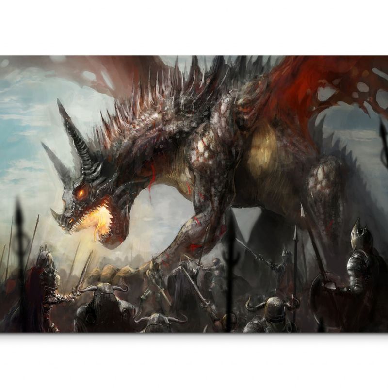 120x80cm Wandbild Ritter Drachen Kampf Fantasy