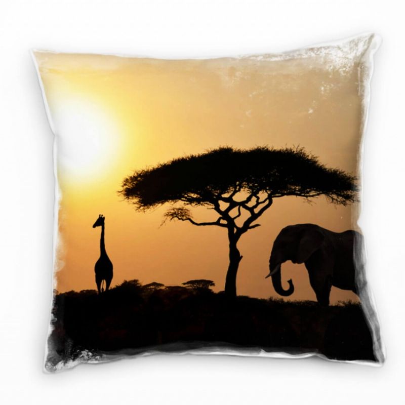 Tiere, schwarz, orange, Giraffe, Elefant, Silhouetten Deko Kissen 40x40cm für Couch Sofa Lounge Zier