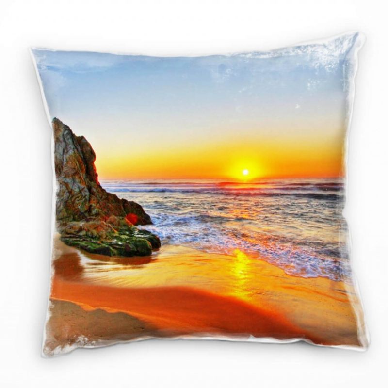 Strand und Meer, blau, orange, Sonnenuntergang Deko Kissen 40x40cm für Couch Sofa Lounge Zierkissen