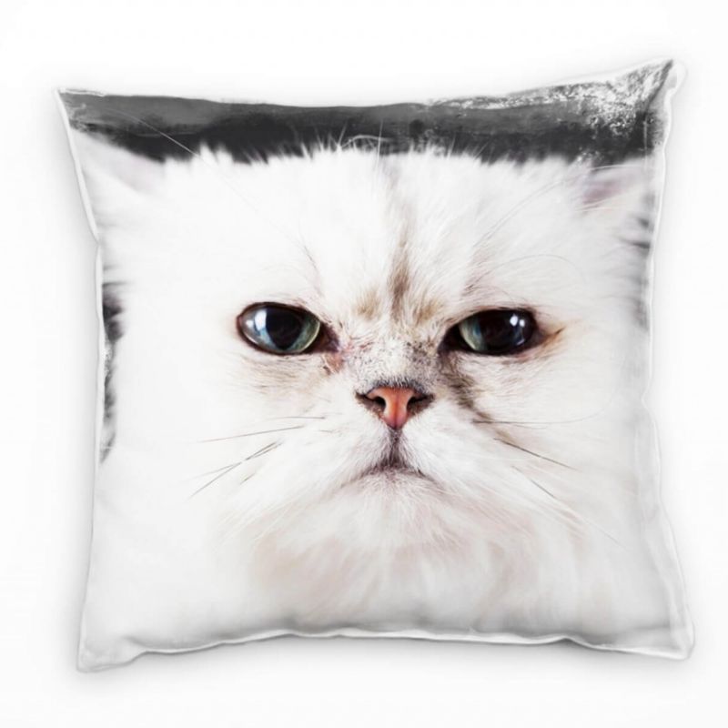 Tiere, Katze, weiß, grau Deko Kissen 40x40cm für Couch Sofa Lounge Zierkissen