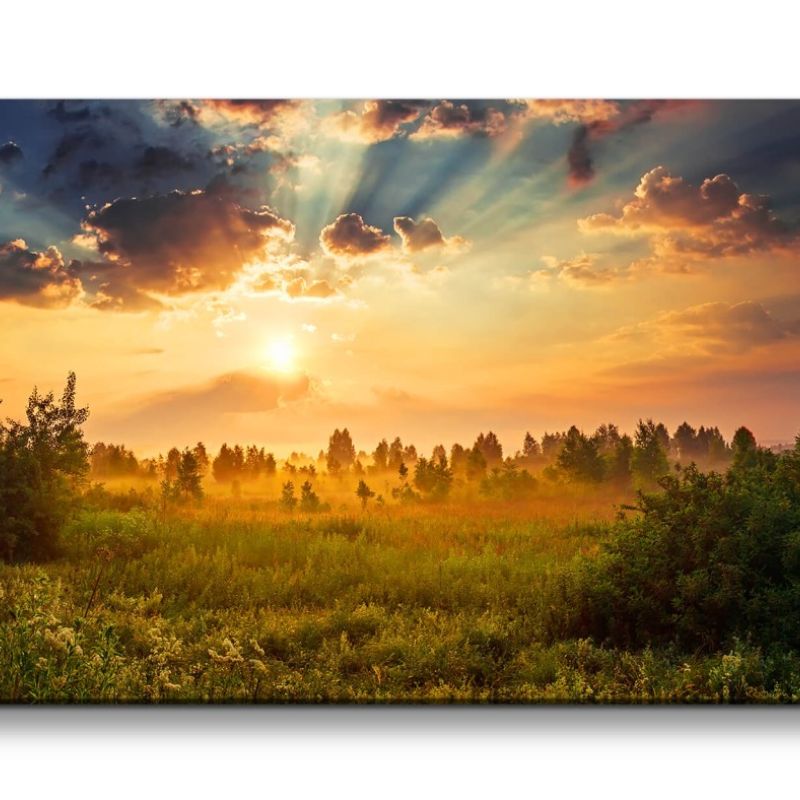 Leinwandbild 120x60cm Natur Sonnenuntergang Waldrand Bäume Himmel Frieden