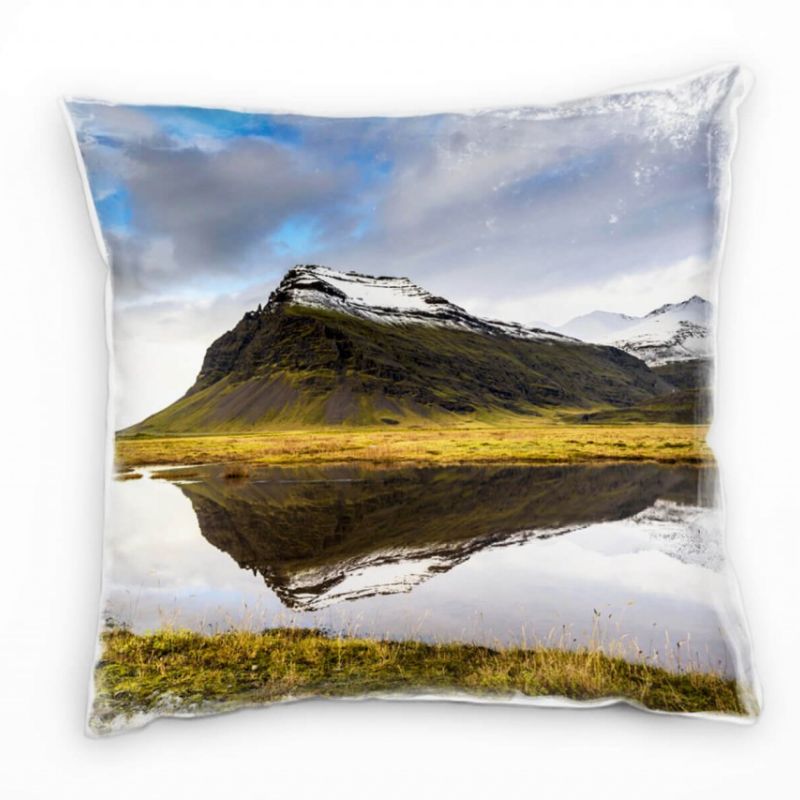 Seen, Island, Berge, Spiegelung, Wolken, blau, braun Deko Kissen 40x40cm für Couch Sofa Lounge Zierk