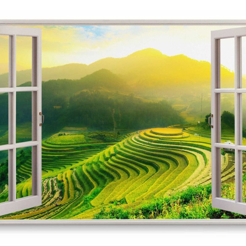 Wandbild 120x80cm Fensterbild Vietnam Reisanbau Sonnenuntergang Grün Landschaft