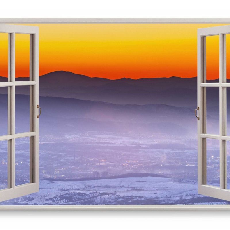 Wandbild 120x80cm Fensterbild Sonnenuntergang Abendrot Berge Natur Winter