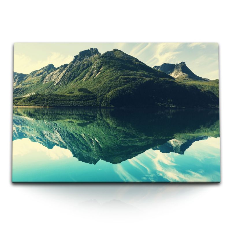 120x80cm Wandbild auf Leinwand Norwegen Landschaft Berge See Grün