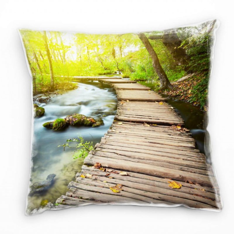 Natur, braun, grün, grau, Bach, lichtdurchfluteter Wald Deko Kissen 40x40cm für Couch Sofa Lounge Zi