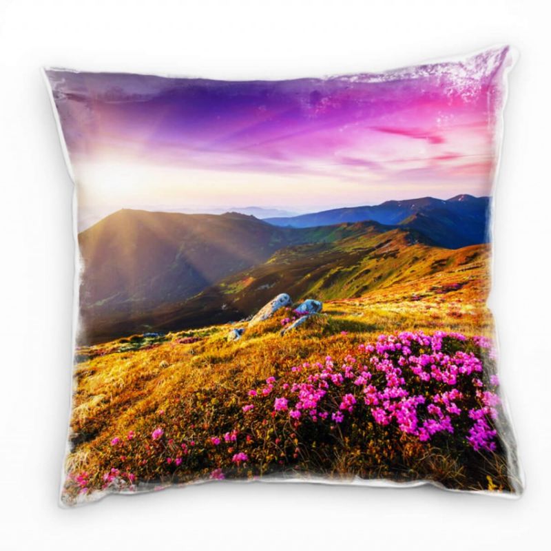 Landschaft, bunt, Sonnenuntergang, Berge, Blumen Deko Kissen 40x40cm für Couch Sofa Lounge Zierkisse