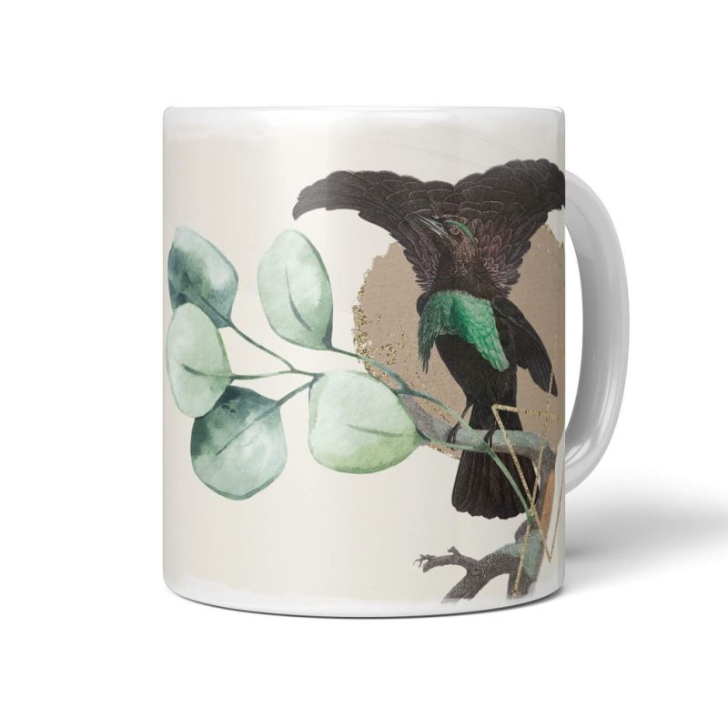 Dekorative Tasse mit schönem Vogel Motiv Schwarz Exotisch Blumen Design Kunstvoll Vintage