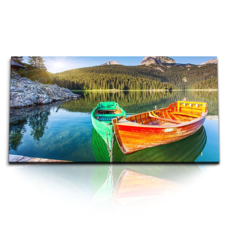 Kunstdruck Bilder 120x60cm Schweden Boote See Natur Tannenwald Sonnenschein