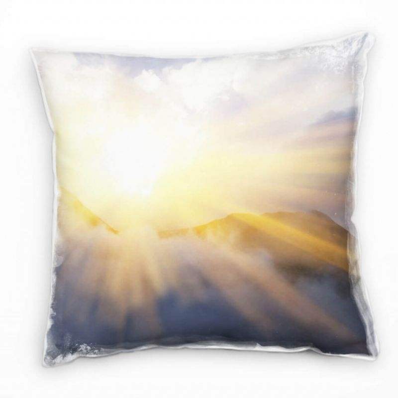 Natur, blau, gelb, Sonnenaufgang, Berge, Sonnenstrahlen Deko Kissen 40x40cm für Couch Sofa Lounge Zi