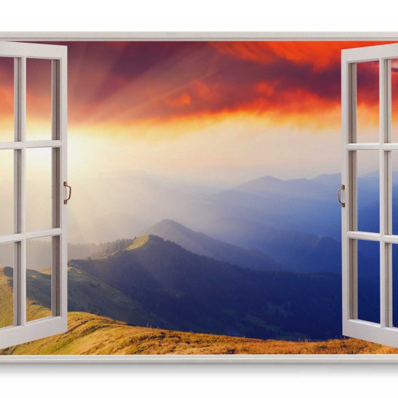 Wandbild 120x80cm Fensterbild Sonnenuntergang Berge Gebirge Rot Blau Natur