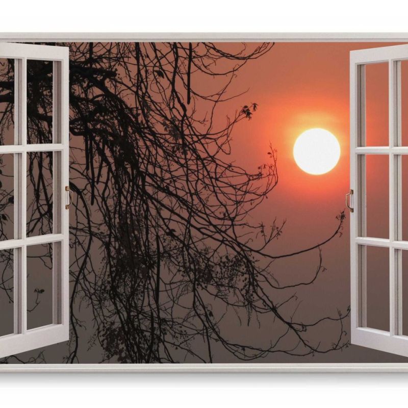 Wandbild 120x80cm Fensterbild Sonne Abendrot Abenddämmerung Baum Sonnenuntergang