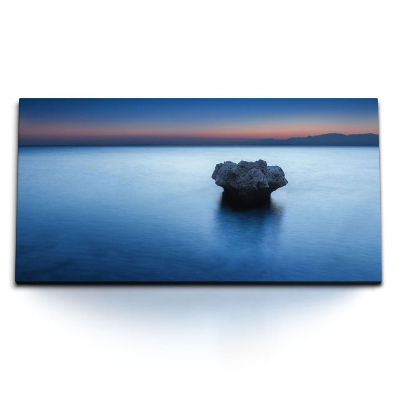 Kunstdruck Bilder 120x60cm Fels im Meer Dunkelblau Horizont Abenddämmerung