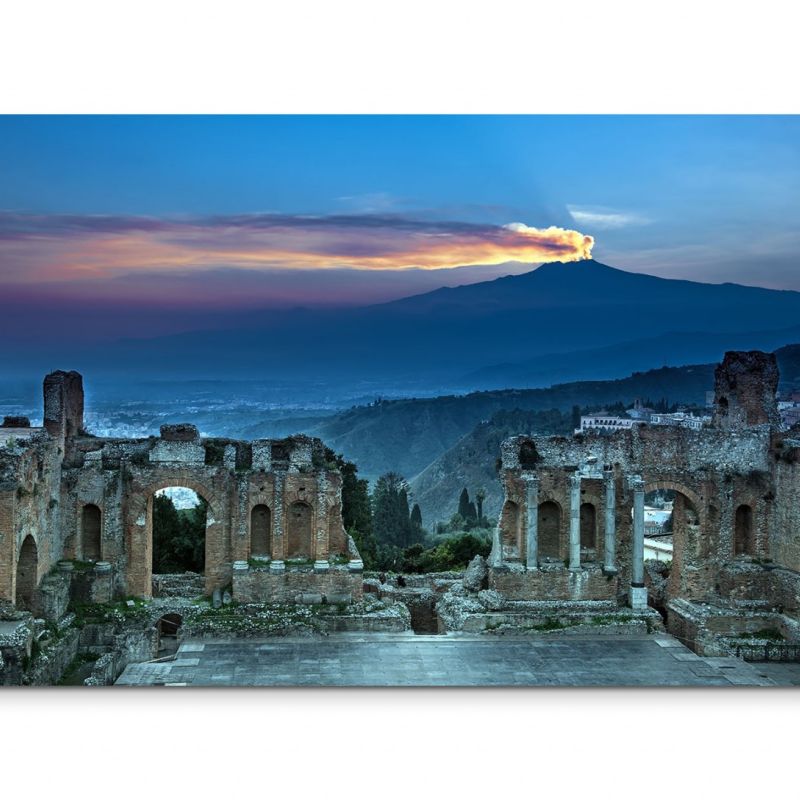 120x80cm Wandbild Amphitheater Ruinen Etna Vulkan Dämmerung