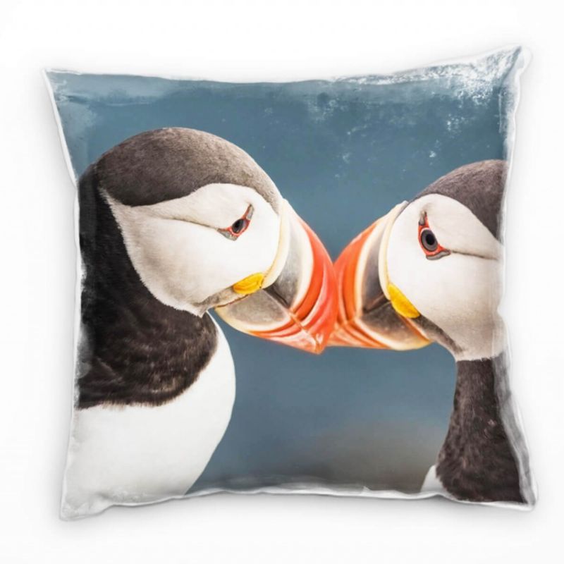 Tiere, kuschende Puffins, schwarz, weiß, orange Deko Kissen 40x40cm für Couch Sofa Lounge Zierkissen