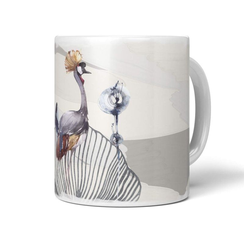 Dekorative Tasse mit schönem Vogel Motiv Kranich schönem Design Grautöne Kunstvoll Einzigartig