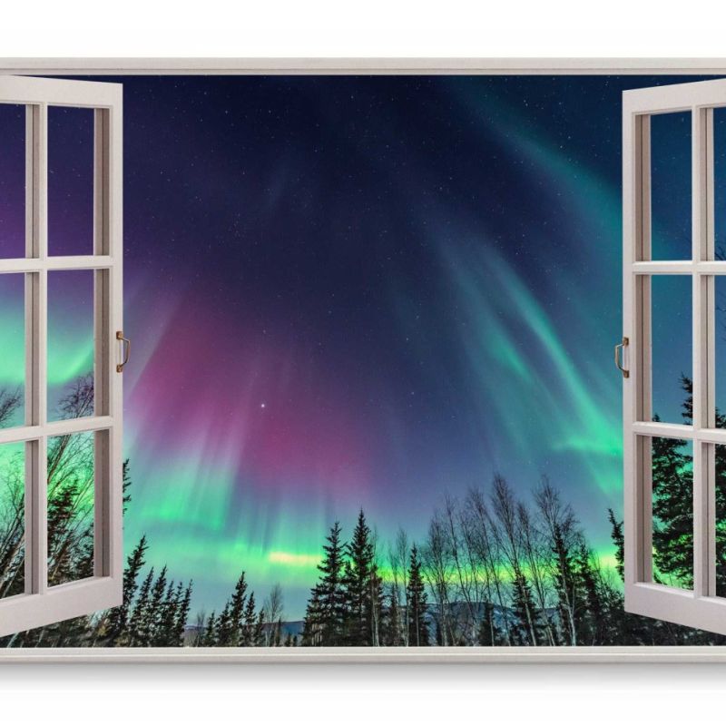 Wandbild 120x80cm Fensterbild Polarlichter Astrofotografie Nachthimmel Tannen