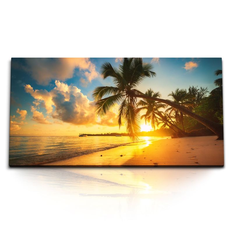 Kunstdruck Bilder 120x60cm Abendröte Palmen Traumstrand Strand Sonnenuntergang