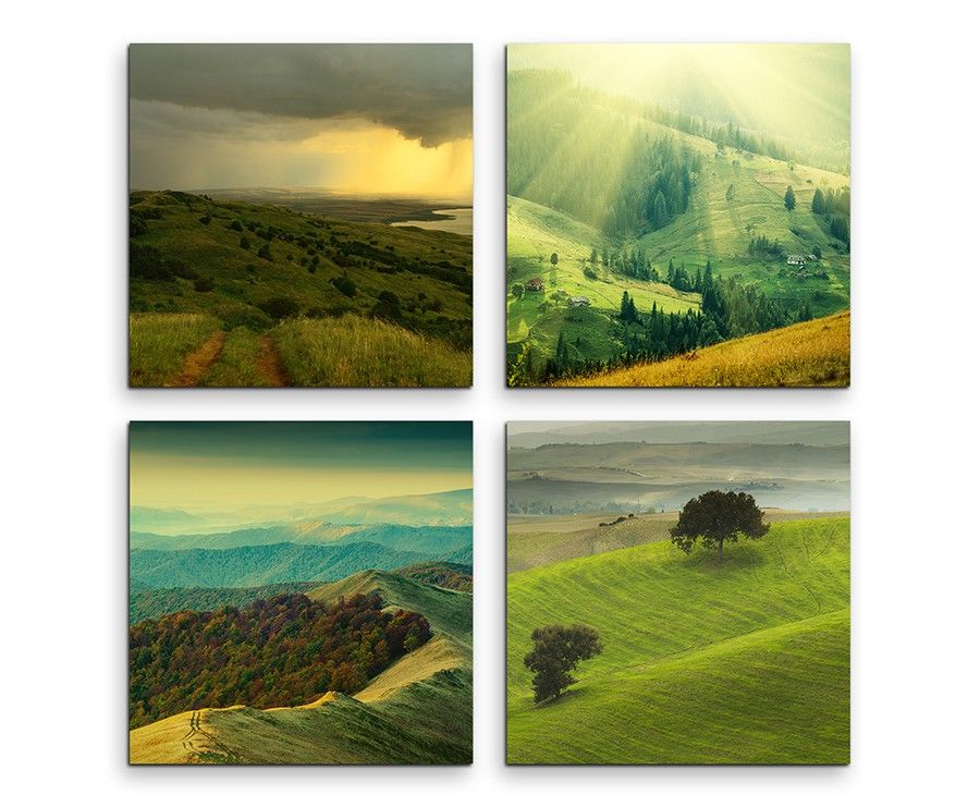 4 teiliges Leinwandbild je 30x30cm  –  Landschaft Gebirge Natur Wiese Sonne