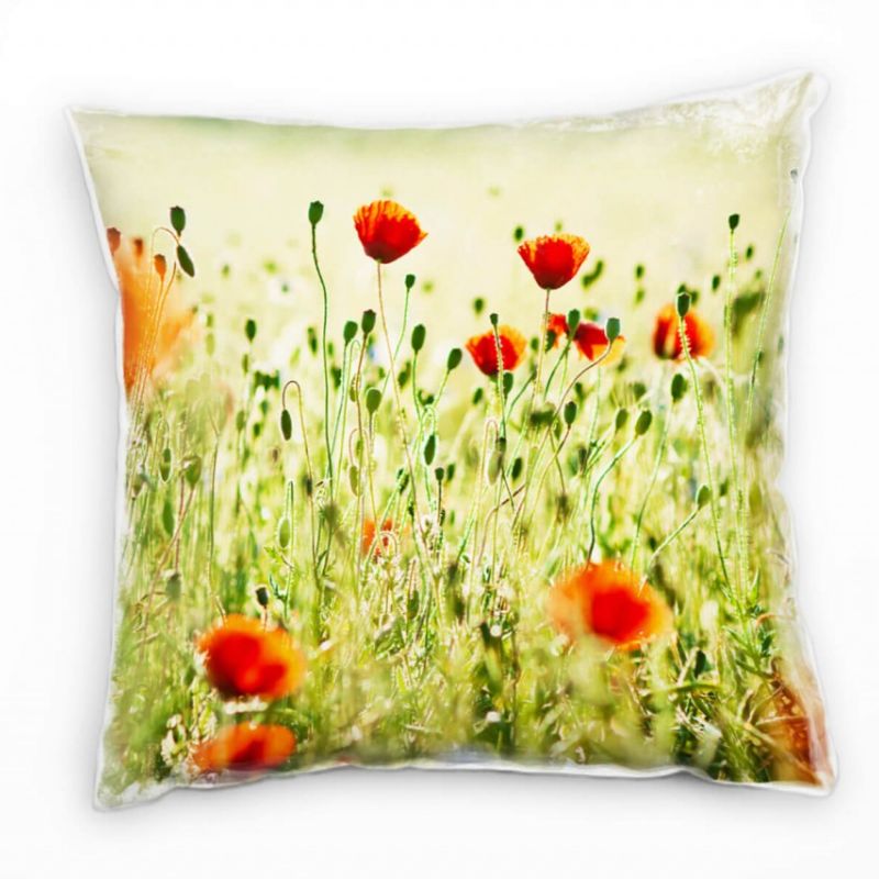 Blumen, grün, rot, Klatschmohn, Wiese Deko Kissen 40x40cm für Couch Sofa Lounge Zierkissen