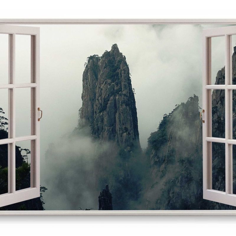 Wandbild 120x80cm Fensterbild Asien Berge Felsen Nebel Natur Gebirge