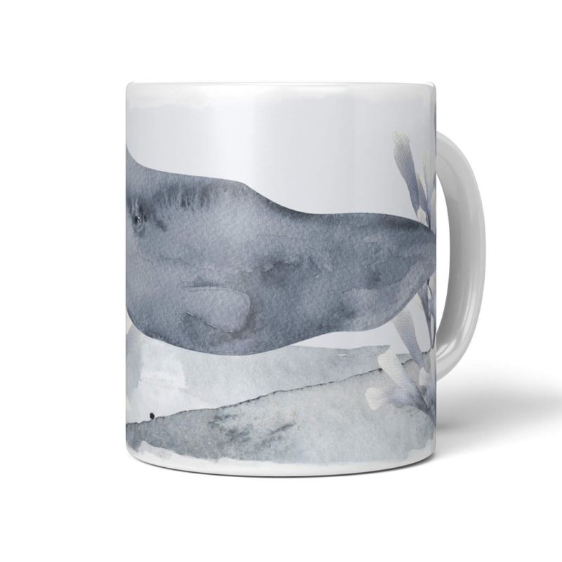 Dekorative Tasse mit schönem Motiv Wal Pottwal Blau Korallen unter Wasser Wasserfarben